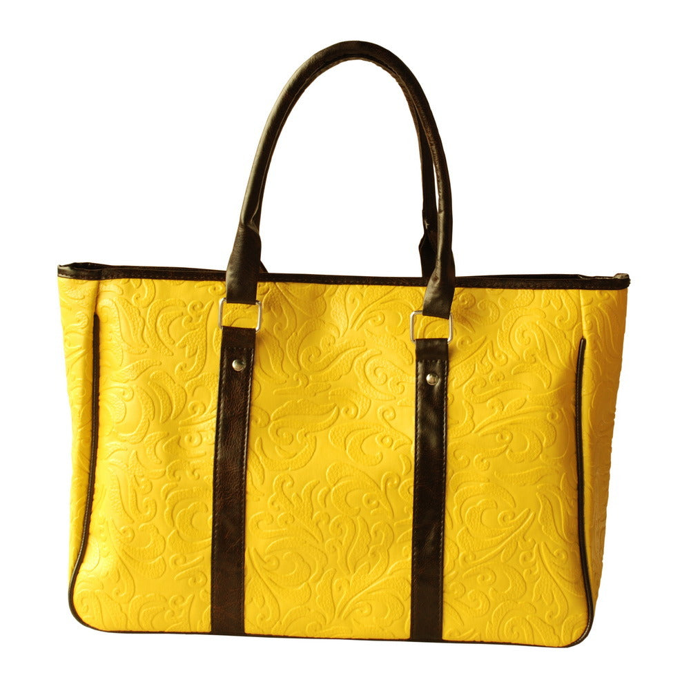 [Bohemia Carved Patterns] Yellow Leatherette Satchel Bag Handbag Purse Shoulder Bag Tote Bag