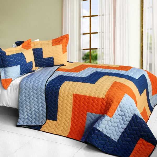 [Colorful Wave] Brand New Vermicelli-Quilted Patchwork Quilt Set Full/Queen