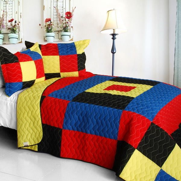 [Girl's Excitement] 3PC Vermicelli-Quilted Patchwork Quilt Set (Full/Queen Size)