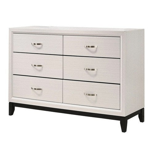 58 Inch 6 Drawer Dresser, Solid Wood Frame, Subtle Lines, White, Black