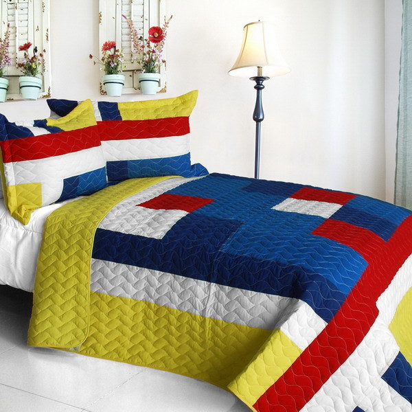 [Marionnaud] Vermicelli-Quilted Patchwork Geometric Quilt Set Full/Queen