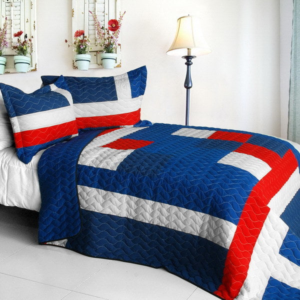 [Navy] Vermicelli-Quilted Patchwork Geometric Quilt Set Full/Queen