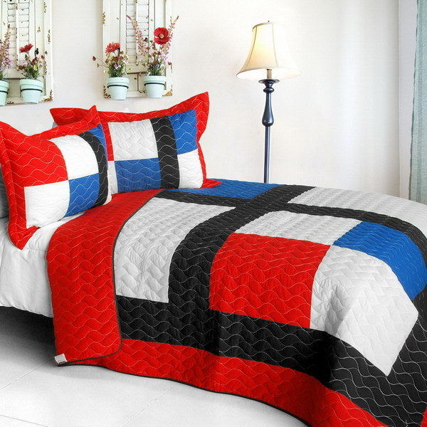 [Be Myself] Vermicelli-Quilted Patchwork Geometric Quilt Set Full/Queen