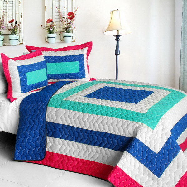 [Sea's Passion] Vermicelli-Quilted Patchwork Geometric Quilt Set Full/Queen