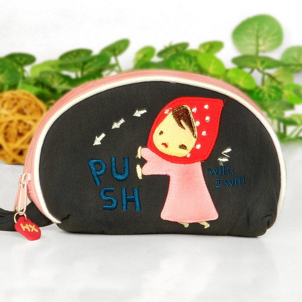 [Smiling Girl] Embroidered Applique Fabric Art Wrist Wallet / Coin Purse / Wrist Pack (5.9*3.9)