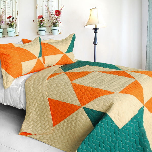 [Eyes on Me] 3PC Vermicelli-Quilted Patchwork Quilt Set (Full/Queen Size)