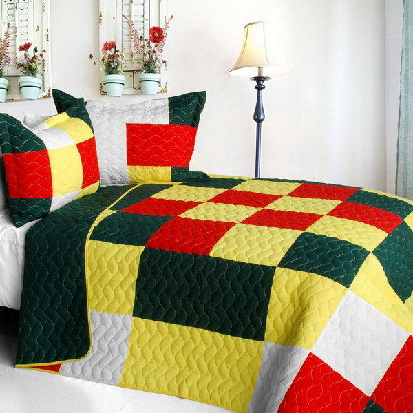 [Ixora Chinensis] Vermicelli-Quilted Patchwork Plaid Quilt Set Full/Queen