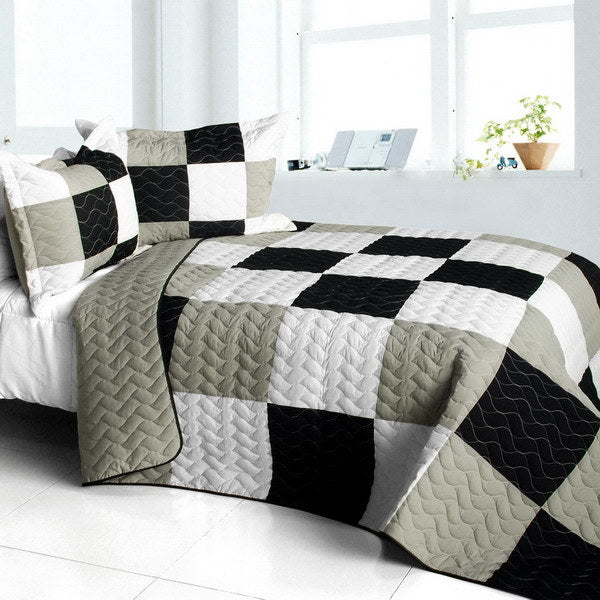 [City Light - B] Vermicelli-Quilted Patchwork Plaid Quilt Set Full/Queen