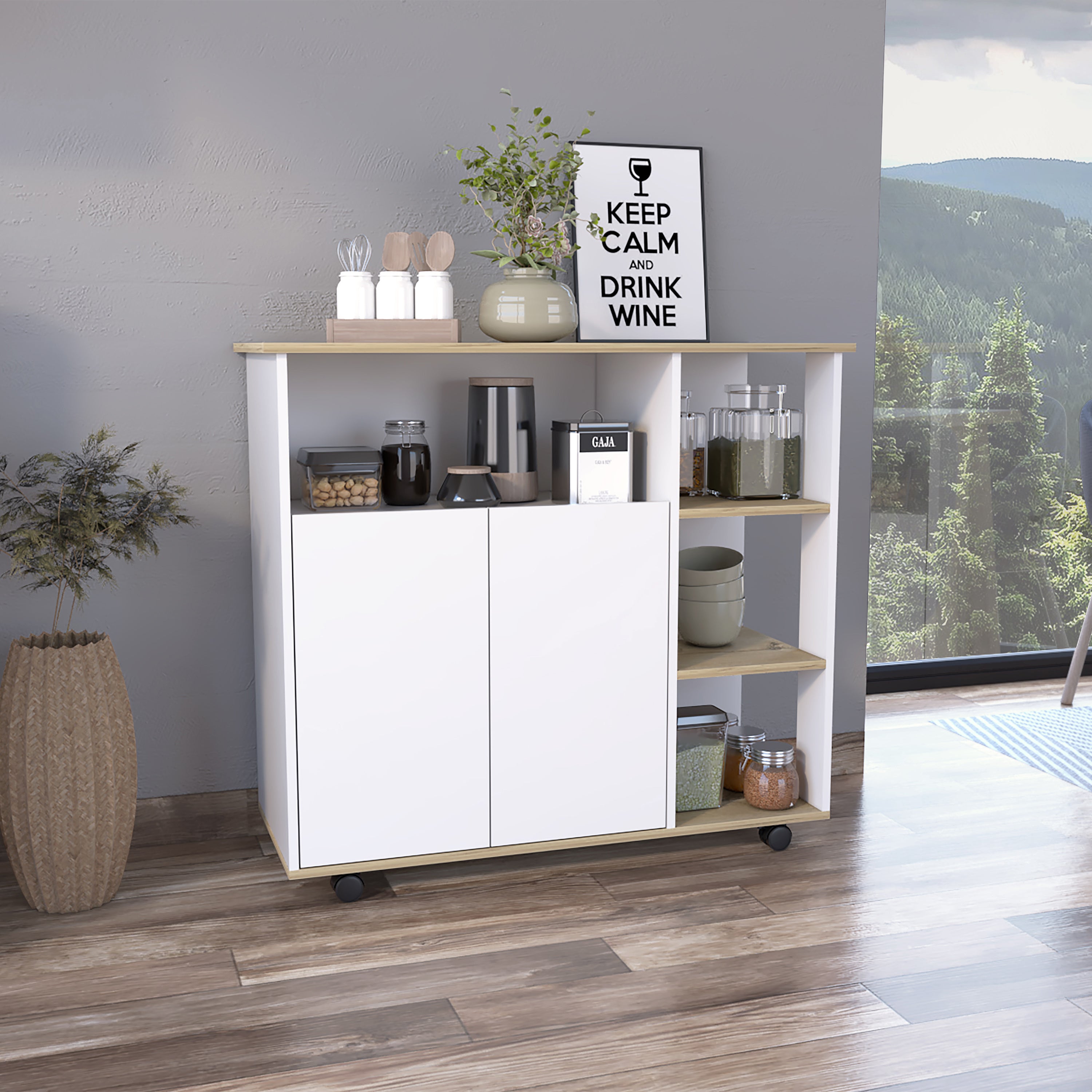 Benton 4-Shelf Kitchen Island Light Oak and White