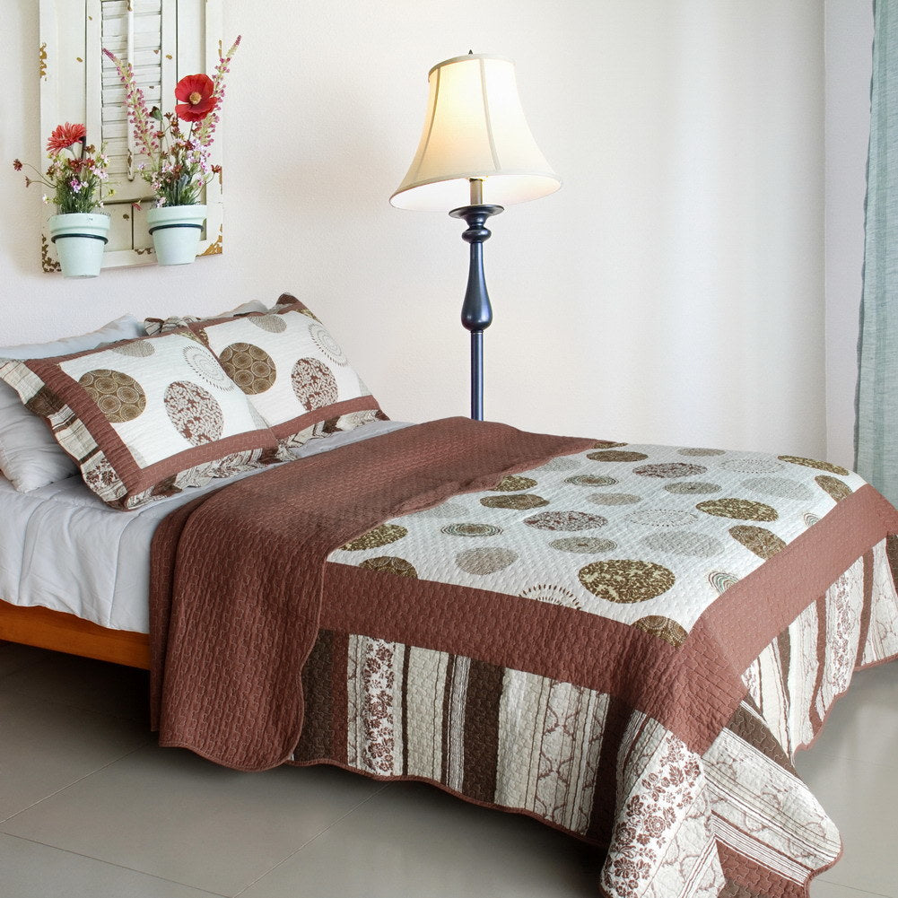 [Modern Circles] Cotton 3PC Vermicelli-Quilted Patchwork Quilt Set (Full/Queen Size)