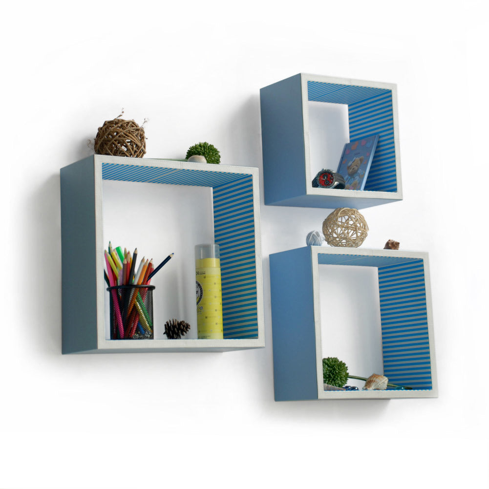 Trista - [Powder Blue] Square Leather Wall Shelf / Bookshelf / Floating Shelf (Set of 3)