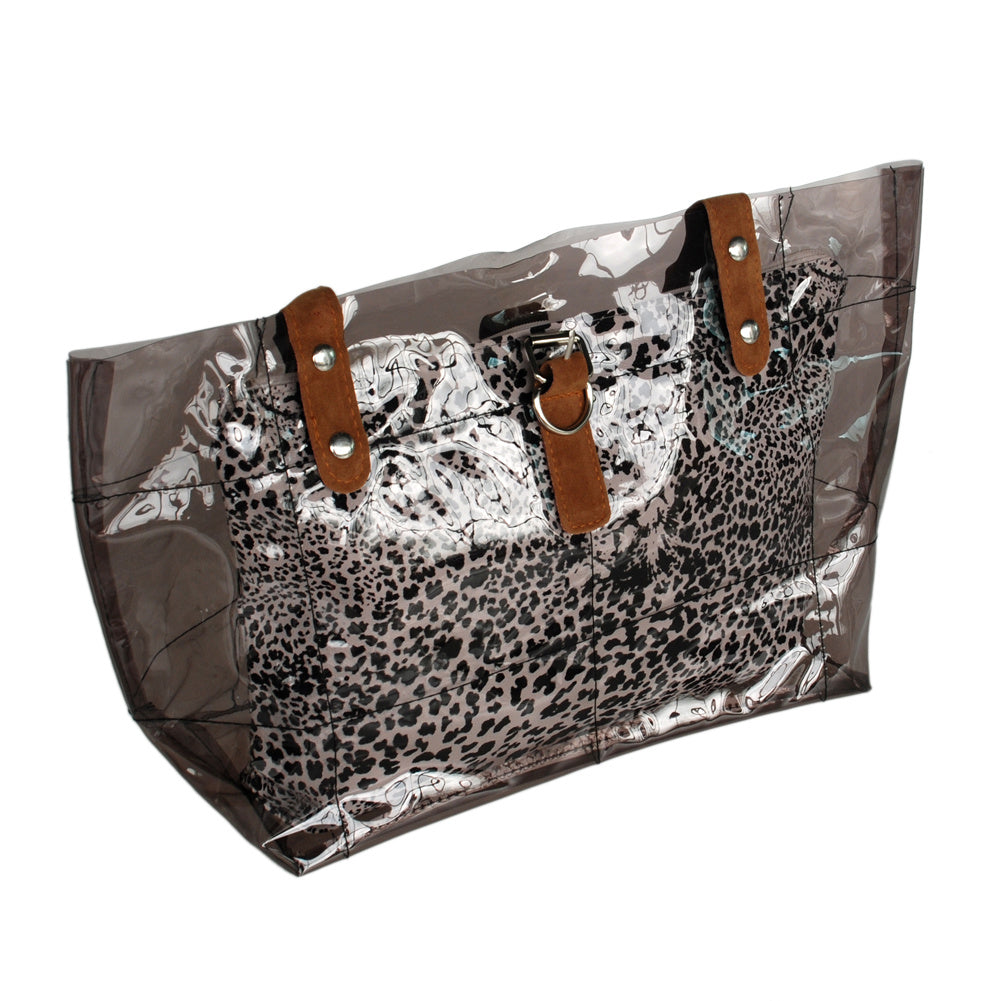 [Lucky Gray] Leopard Double Handle Leatherette Satchel Bag Handbag Purse Casual Styling