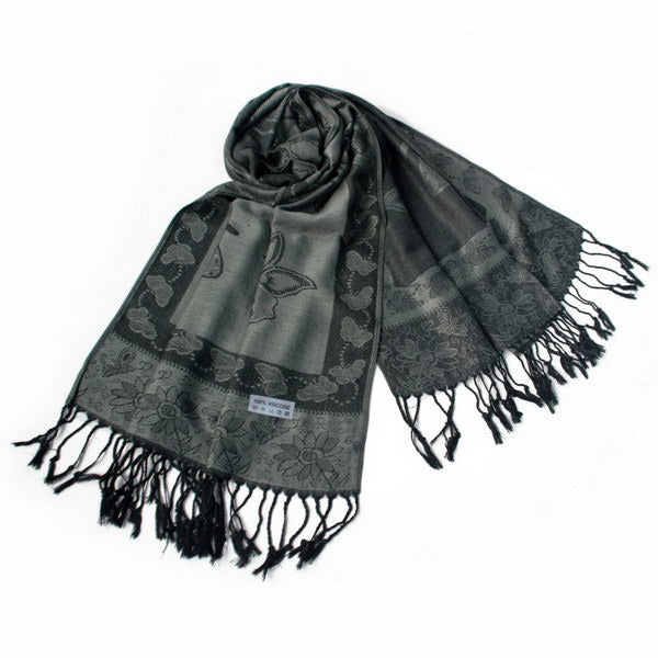 Blancho Bedding -Pa-a66-3 Dim-Grey Big Butterfly & Flower Elegant exquisitely Soft Tassel Ends Pashmina/Shawl/Scarf