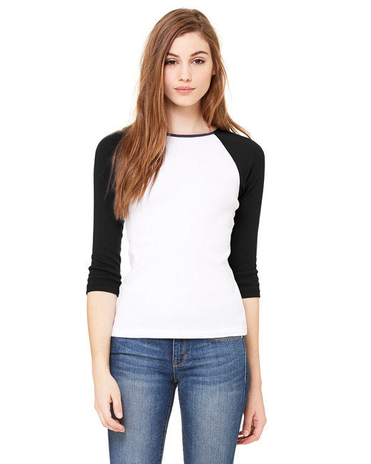 Ladies' Baby Rib 3/4-Sleeve Contrast Raglan T-Shirt - DEEP HTHR/ BLACK - S
