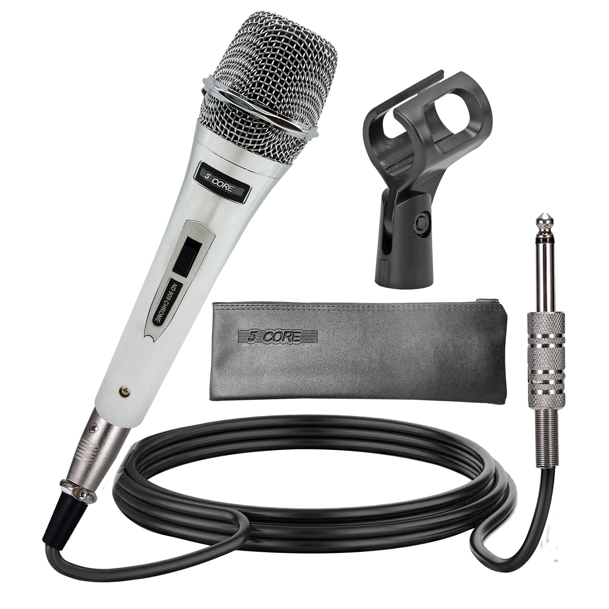 5 Core Handheld Wired Microphone Premium Dynamic Neodymium Unidirectional Mic Mesh Grille Metal Body ON/Off Switch 16ft Detachable Cable for Singing Speech Karaoke with Clip + Bag- ND 909 Chrome