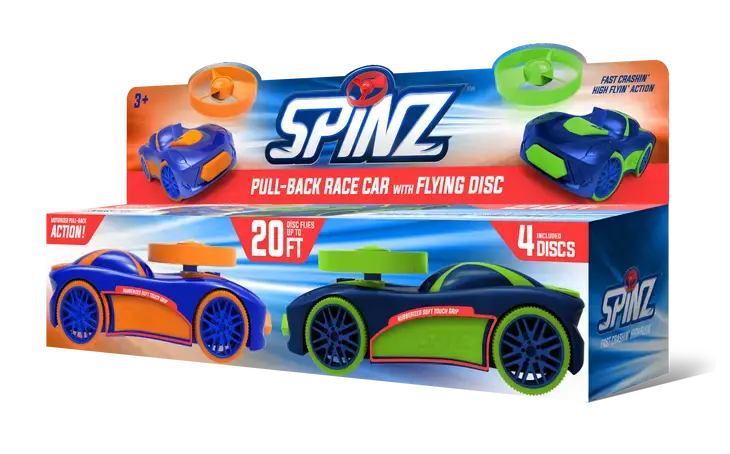 Spinz Pull-Back Race Car with Flying Disc (2 Pack Assorted Colors)
