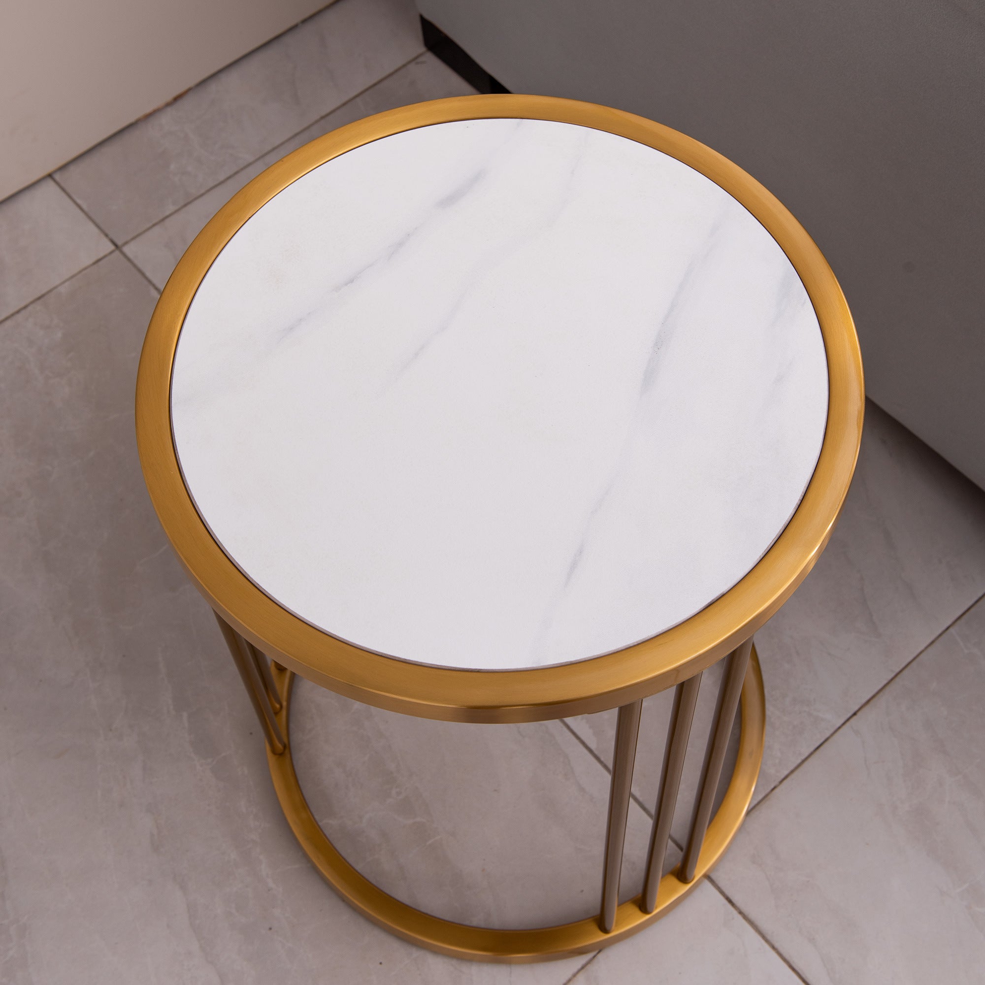 Slate/sintered stone round side/end table with golden stainless steel frame