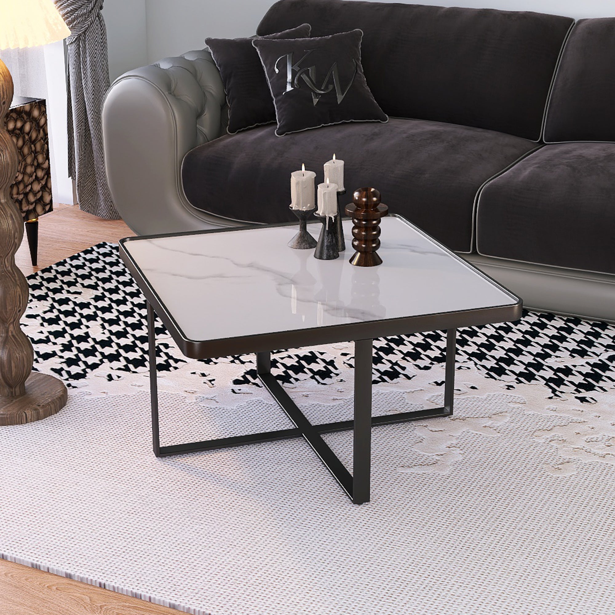 Minimalism Square coffee table,Black metal frame with sintered stone tabletop