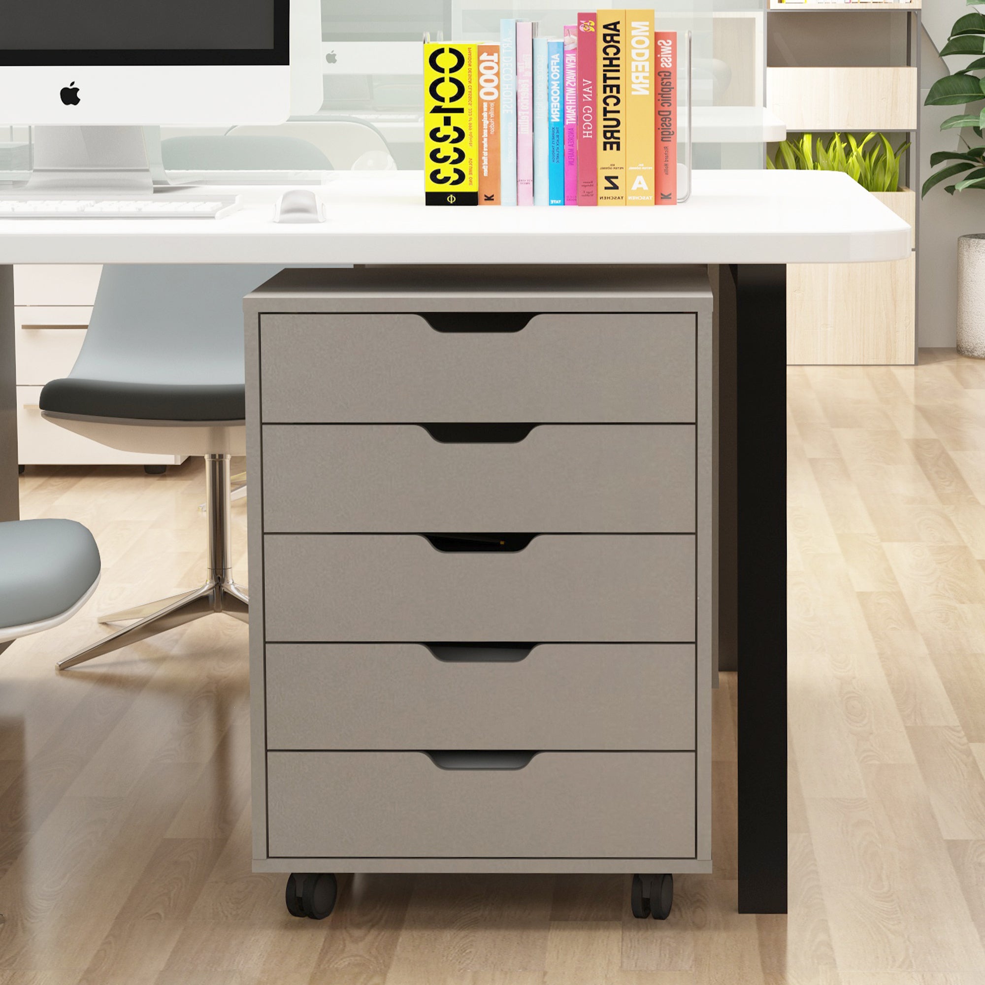 The filing cabinet has five drawers, a small rolling filing cabinet, a printer rack, an office locker, and an office pulley movable filing cabinet white Gray