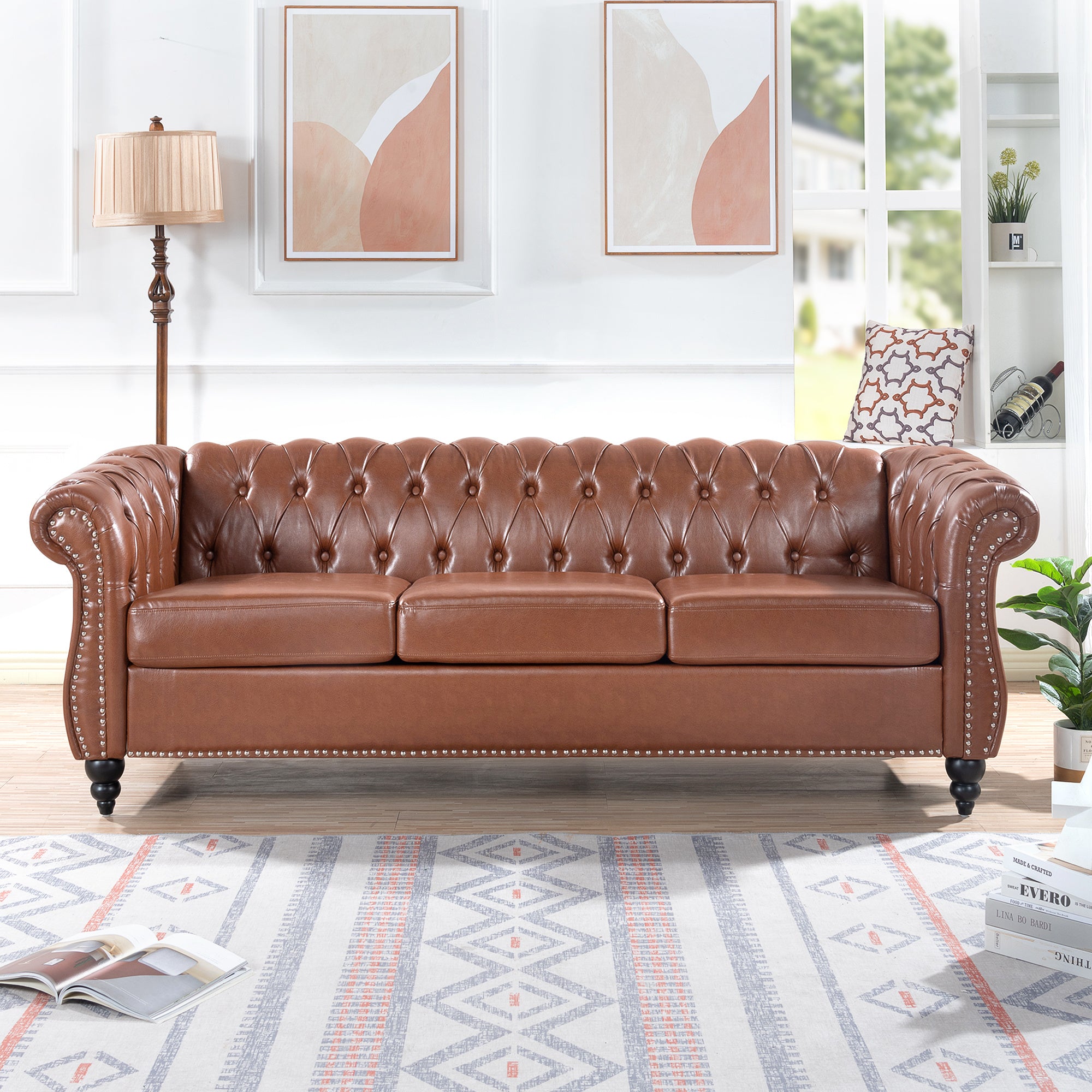 84.65"BROWN PU Rolled Arm Chesterfield Three Seater Sofa.