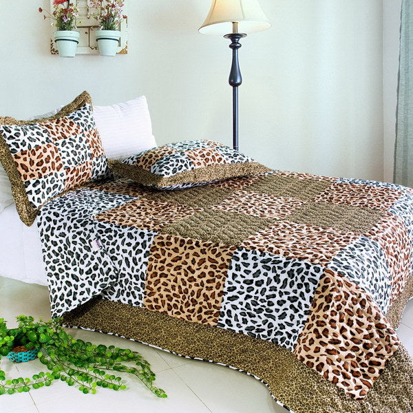 [Leopard Pattern] Cotton 3PC Vermicelli-Quilted Patchwork Quilt Set (Full/Queen Size)