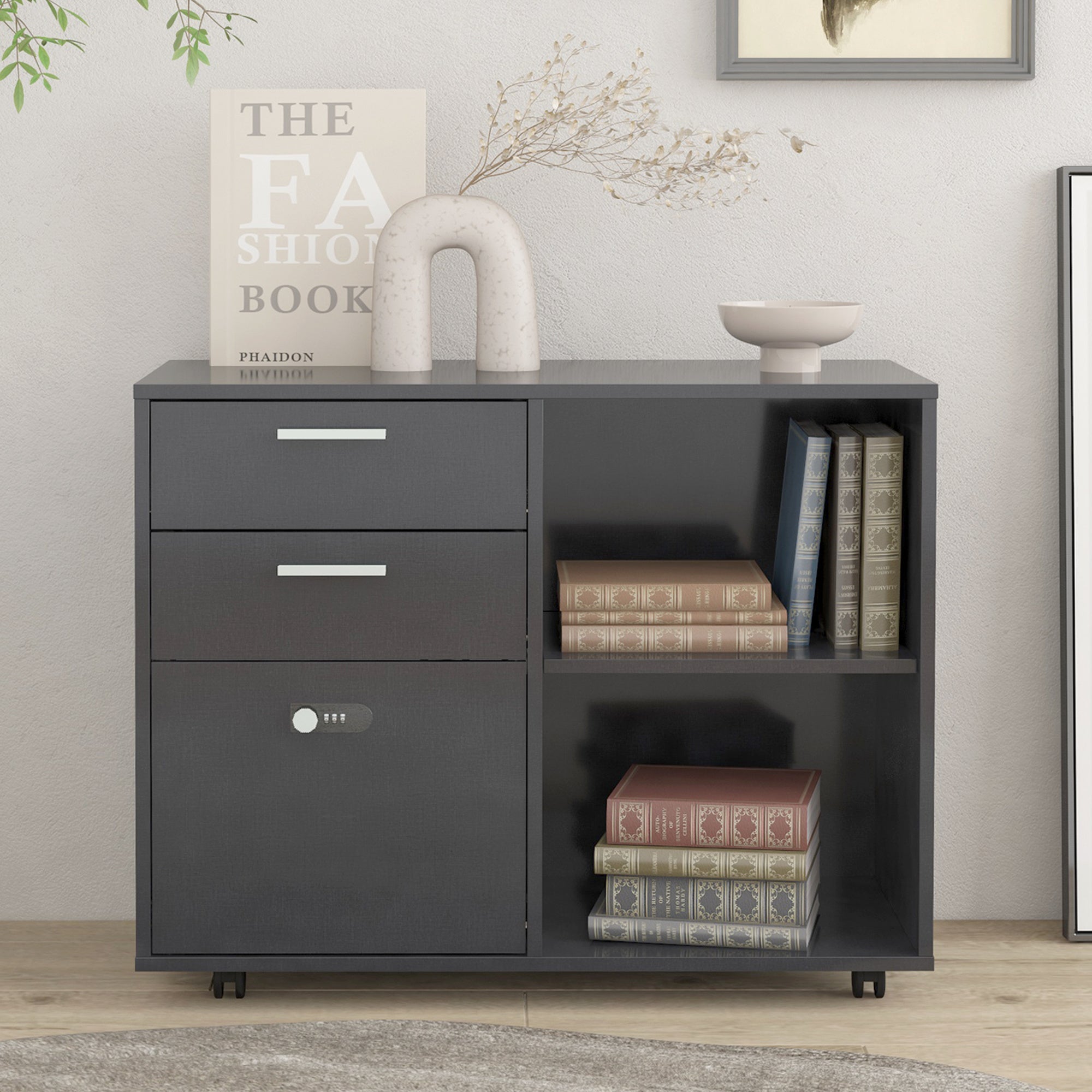 Drawer Wood File Cabinet with coded Lock, hanging File Folders A4 or Letter Size, Small Rolling File Cabinet Printer Stand office storage cabinet Office pulley movable file cabinet dark gray