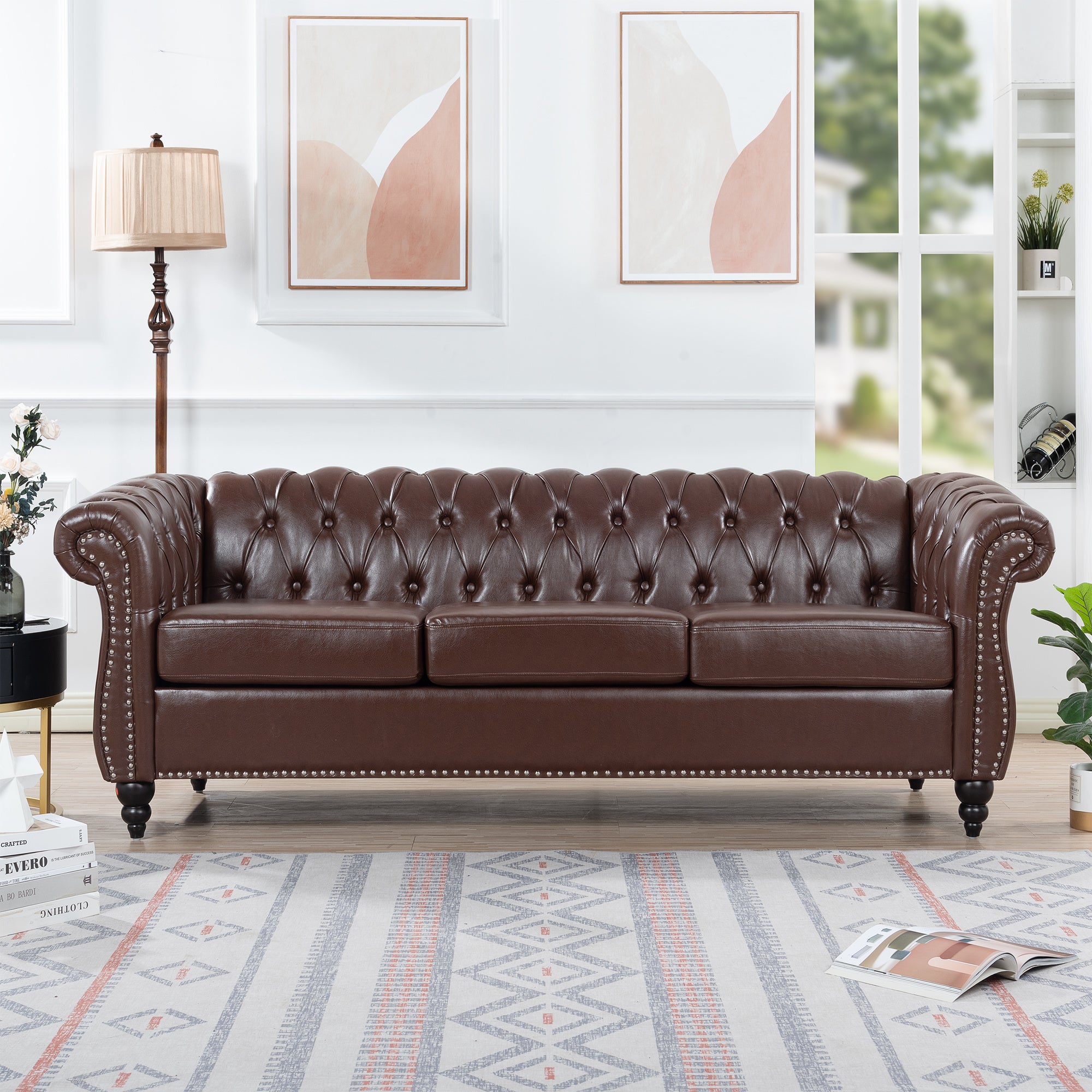 84.65" Dark Brown PU Rolled Arm Chesterfield Three Seater Sofa.