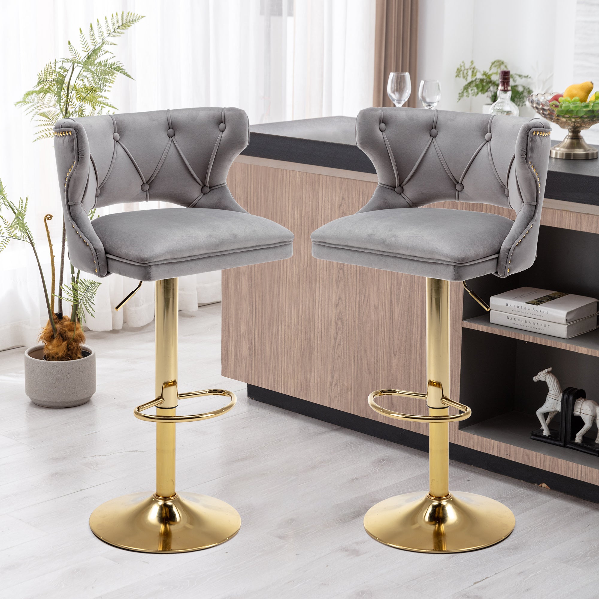 Bar Stools With Back and Footrest Counter Height Dining Chairs-Velvet Grey-2PCS/SET