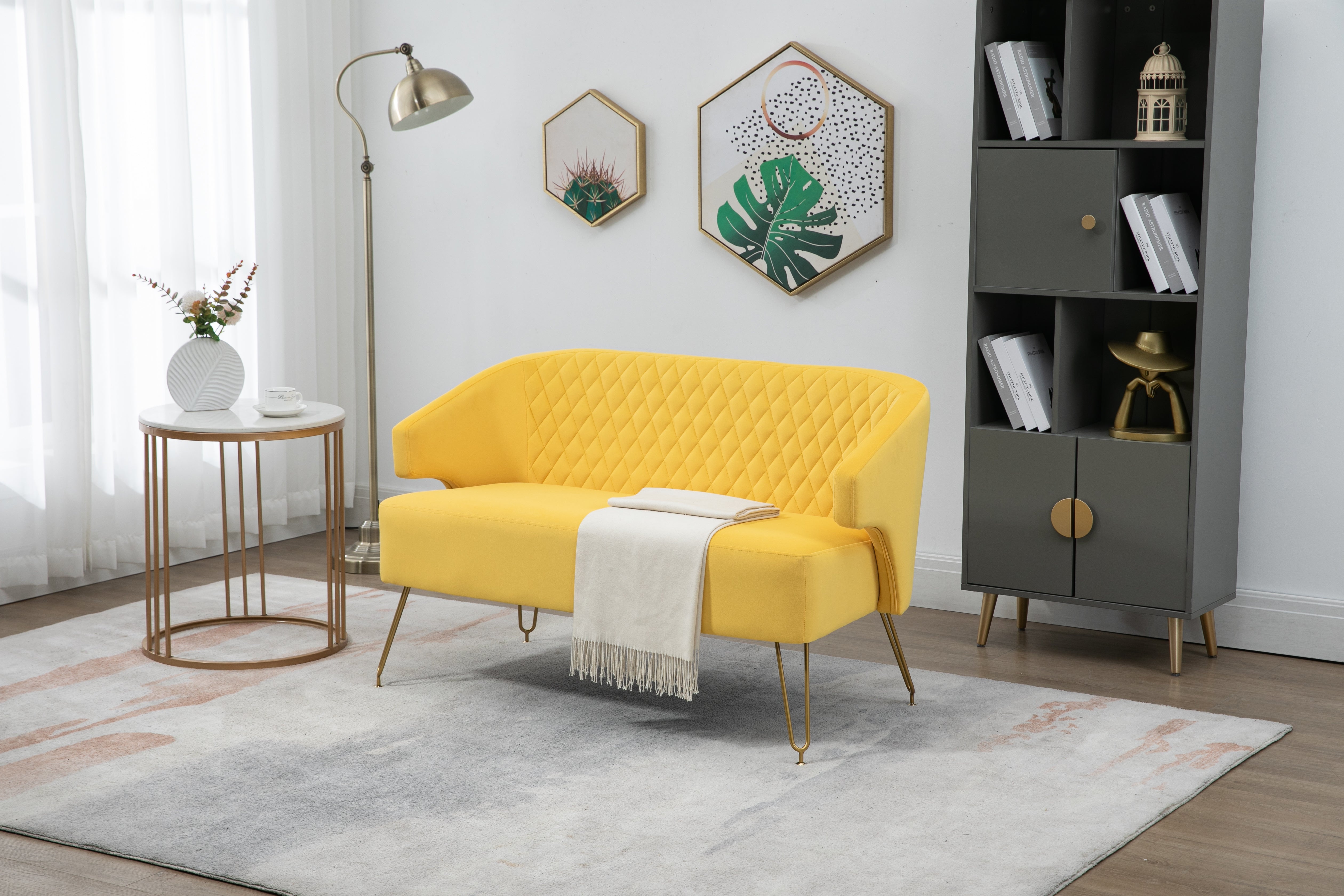 Twin Size Love seat Accent Sofa with Golden Metal Legs, Living Room Sofa with Tufted Backrest, 600 Pounds Weight Capacity