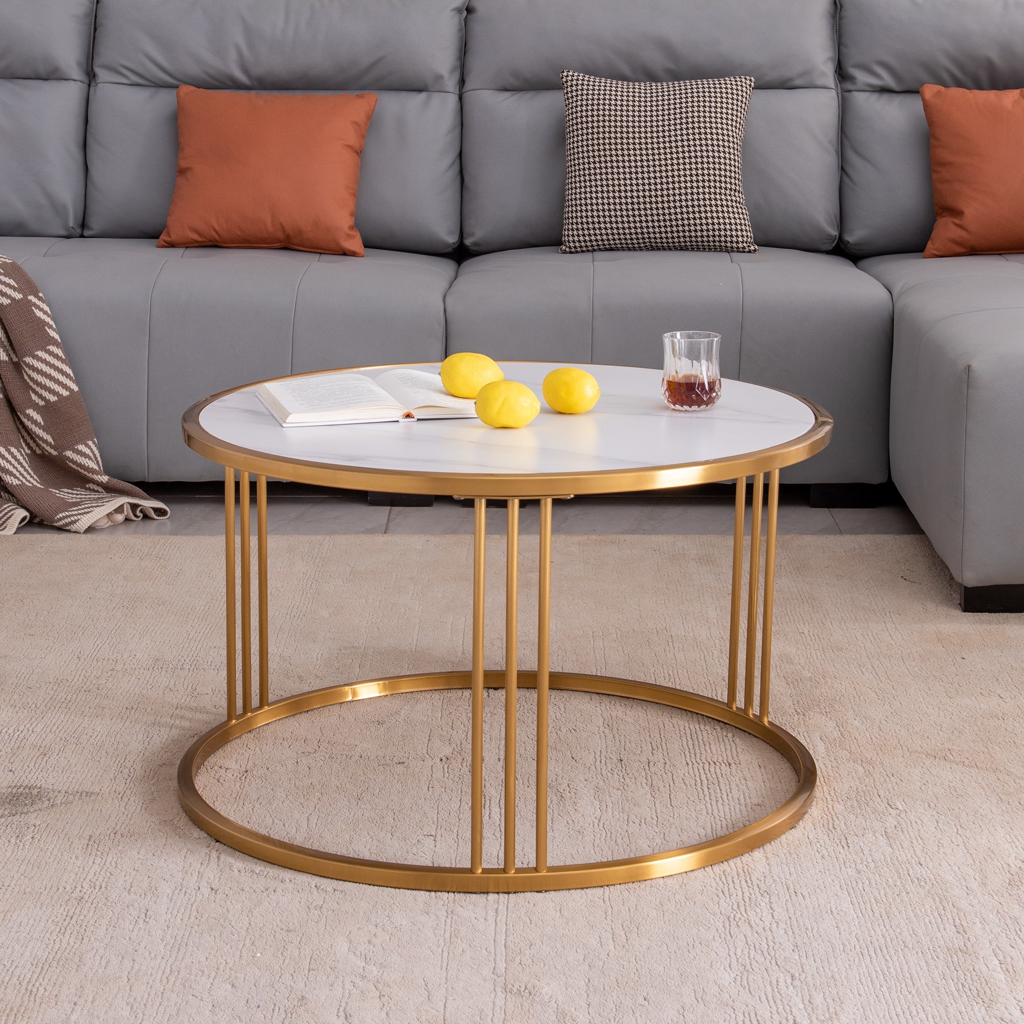 Slate/Sintered stone round coffee table with golden stainless steel frame