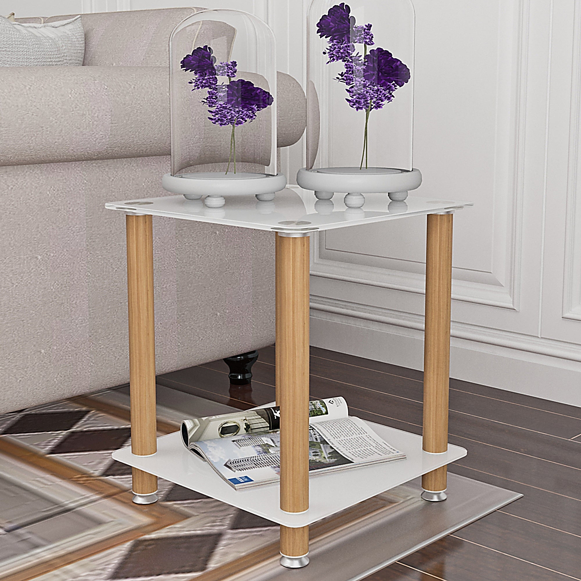 2-Piece White+Oak Side Table , 2-Tier Space End Table ,Modern Night Stand, Sofa table, Side Table with Storage Shelve