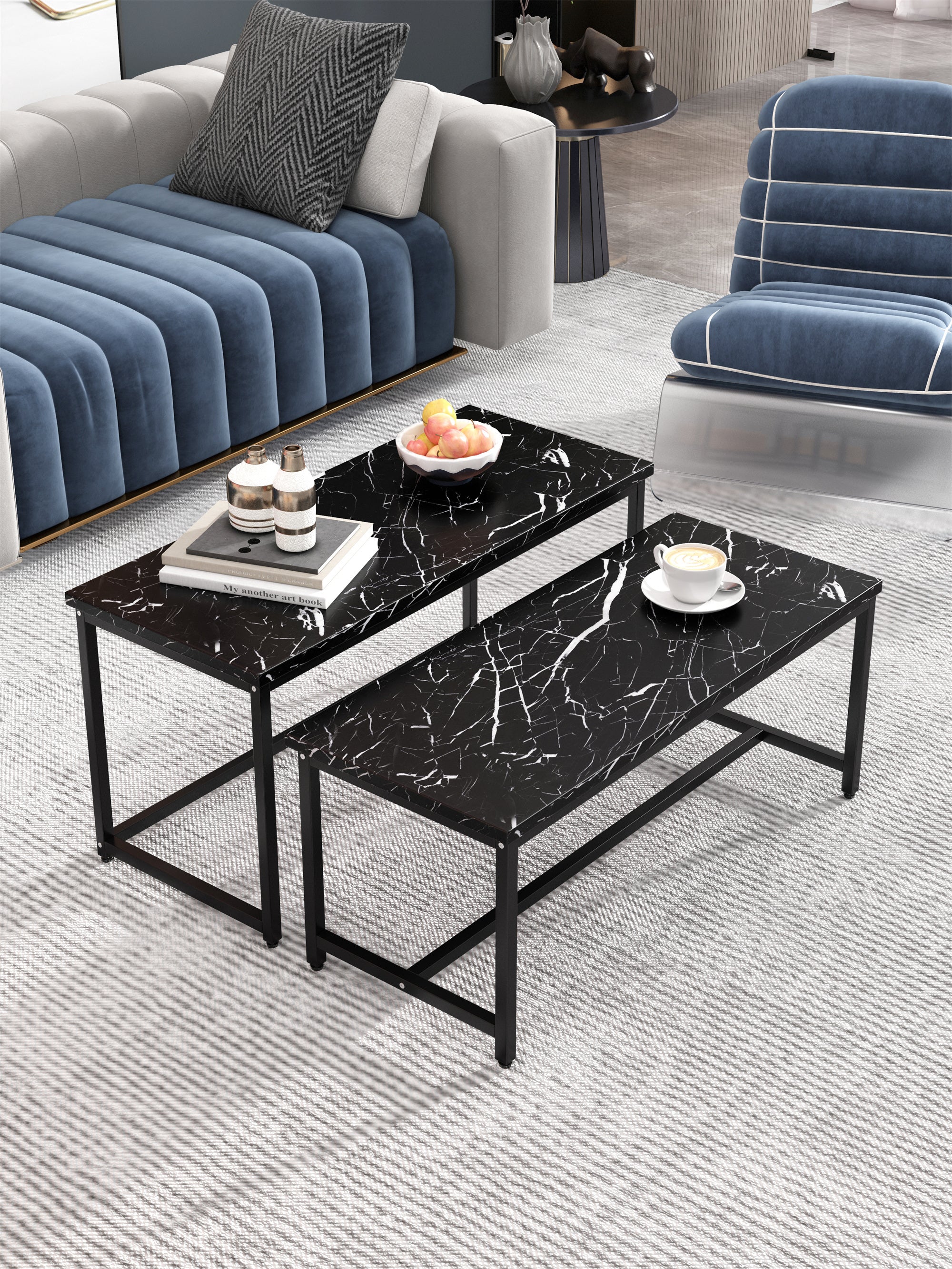 Modern Nesting Coffee Tables Set, Marble BLACK, 2pc