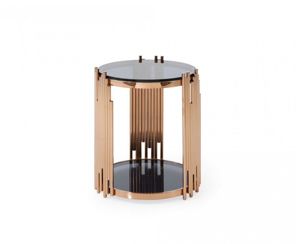 Bryce Modern Smoked Glass & Rosegold Round End Table