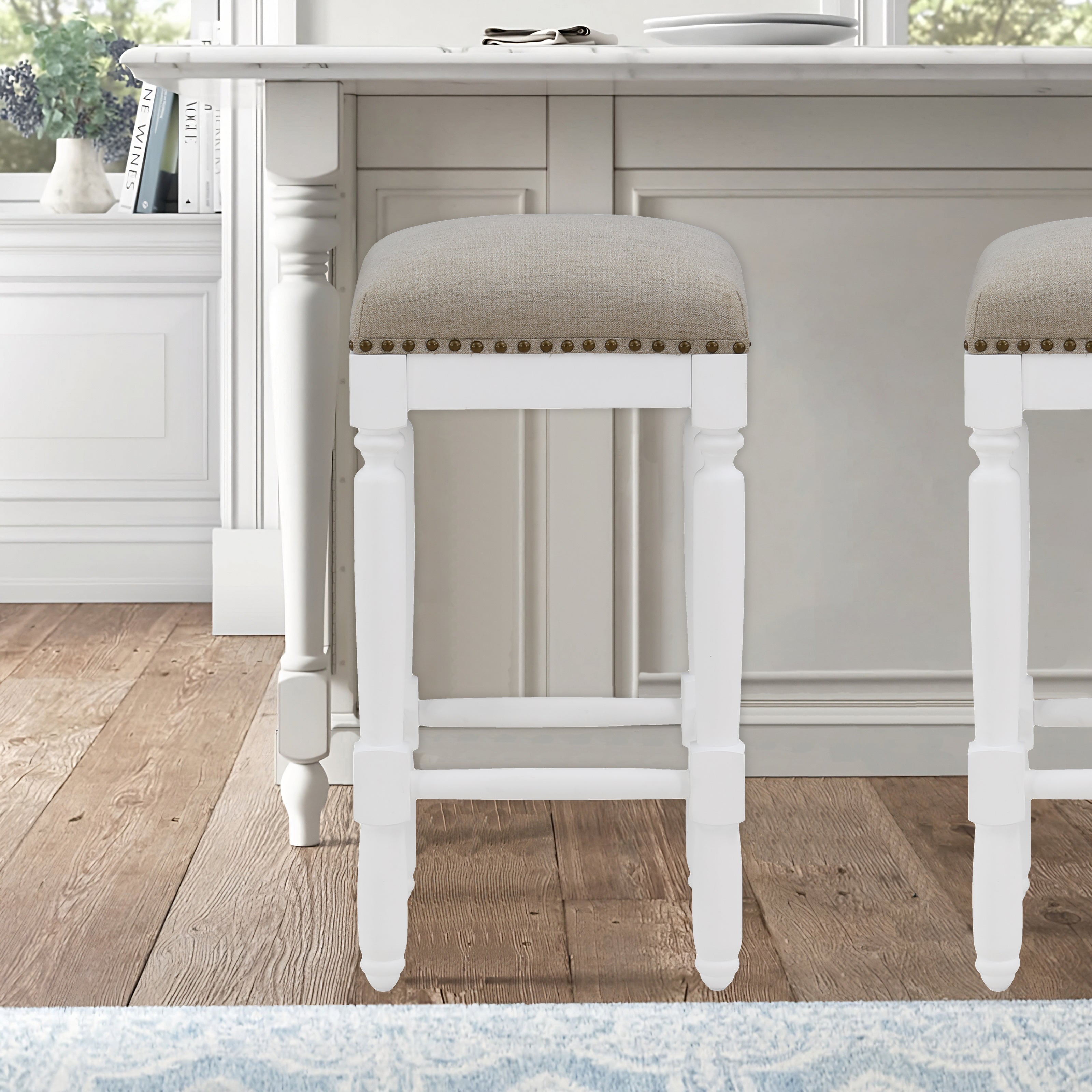 Dutton White Turned Leg Counter Stool with Taupe Upholstered Seat and Nailhead Trim