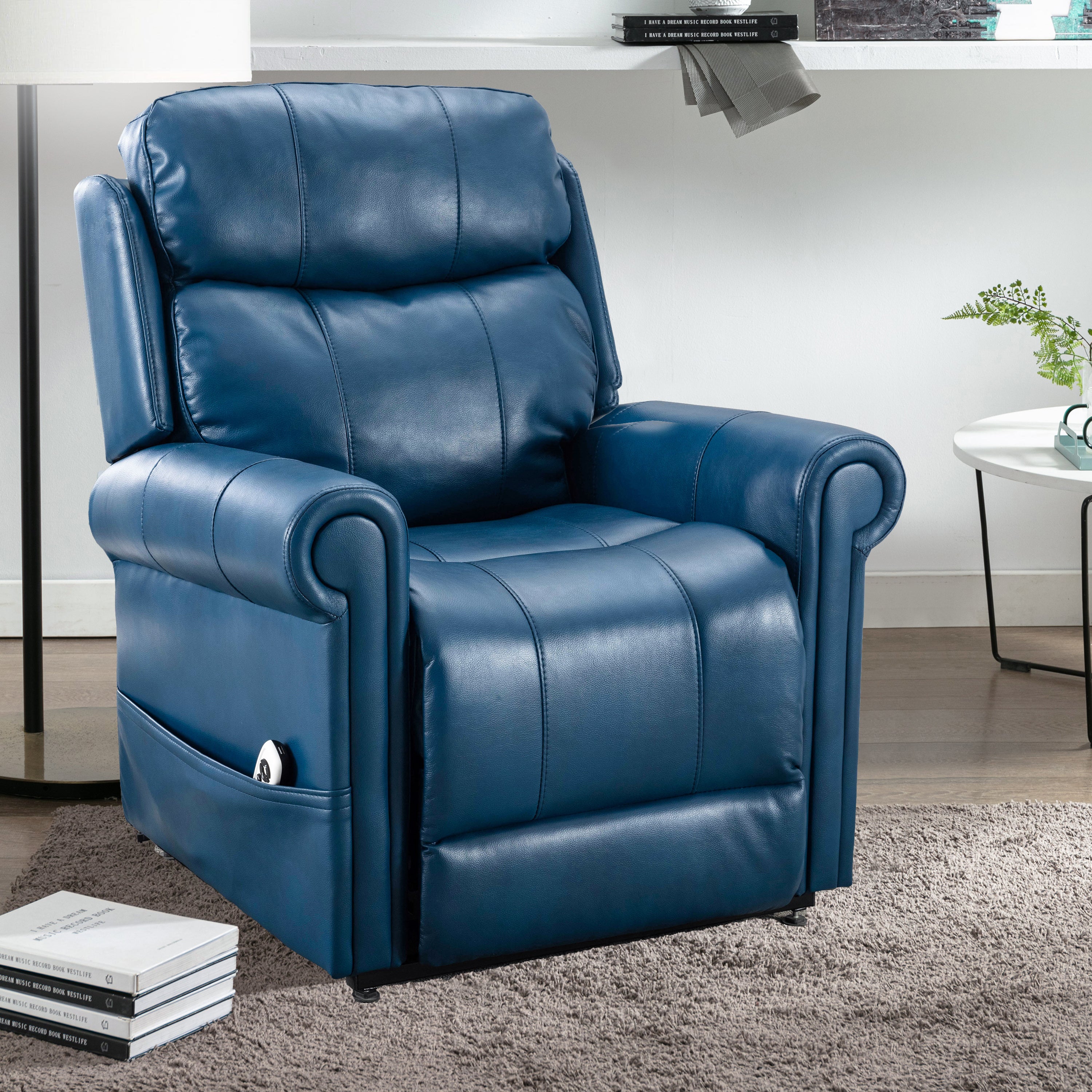 Lowell Navy Blue Leather Gel Lift Chair with Massage