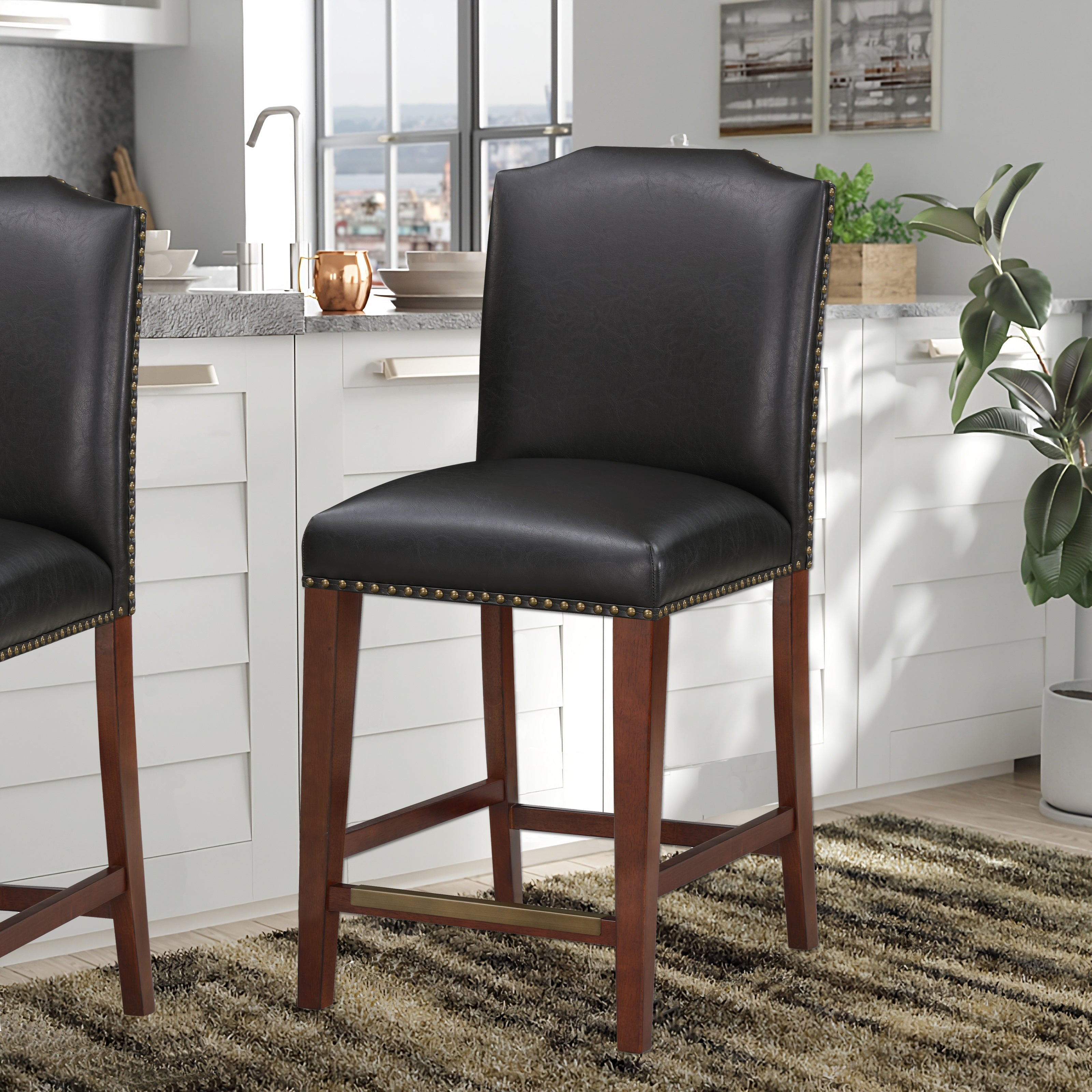 Blaire Stationary Brown Faux Leather Counter Stool with Nail Heads