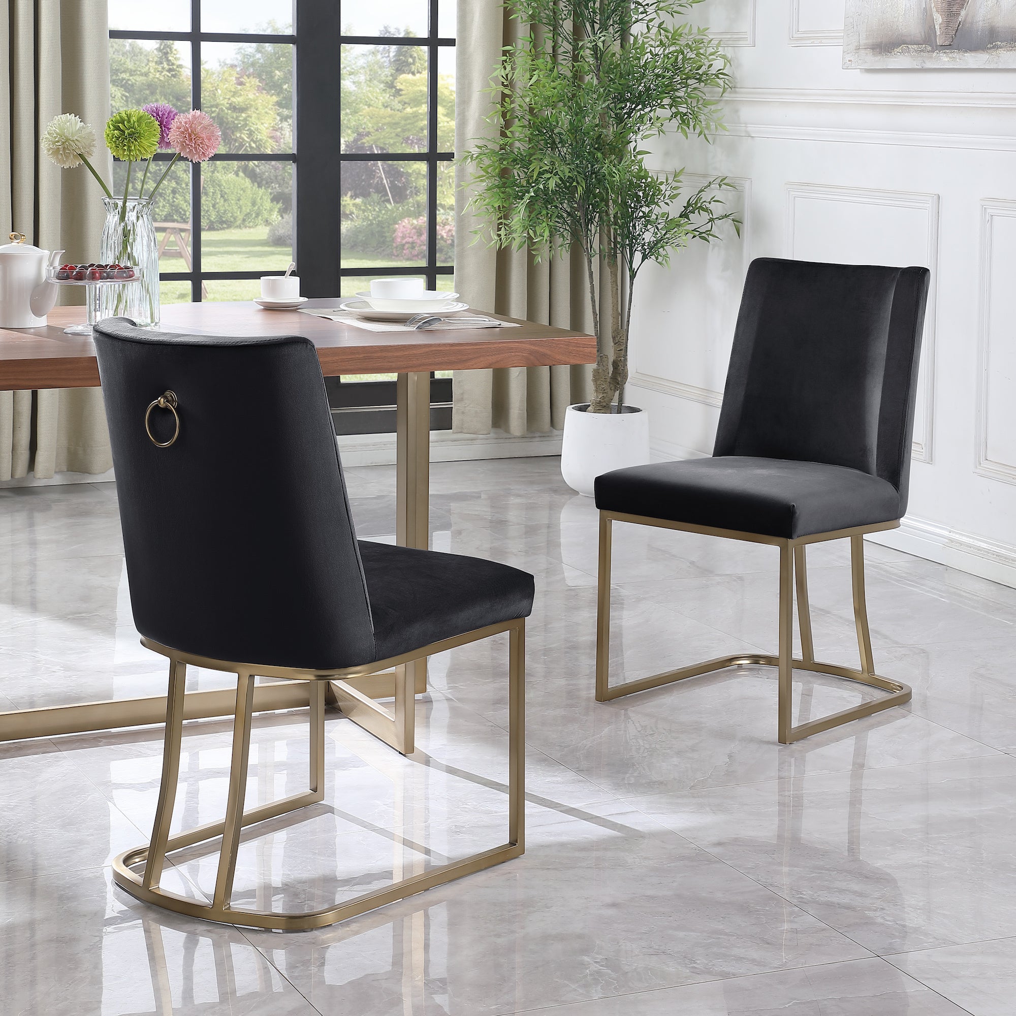 Dining Chairs, Velvet Upolstered Side Chair, Gold Metal Legs (Set of 2) - Black