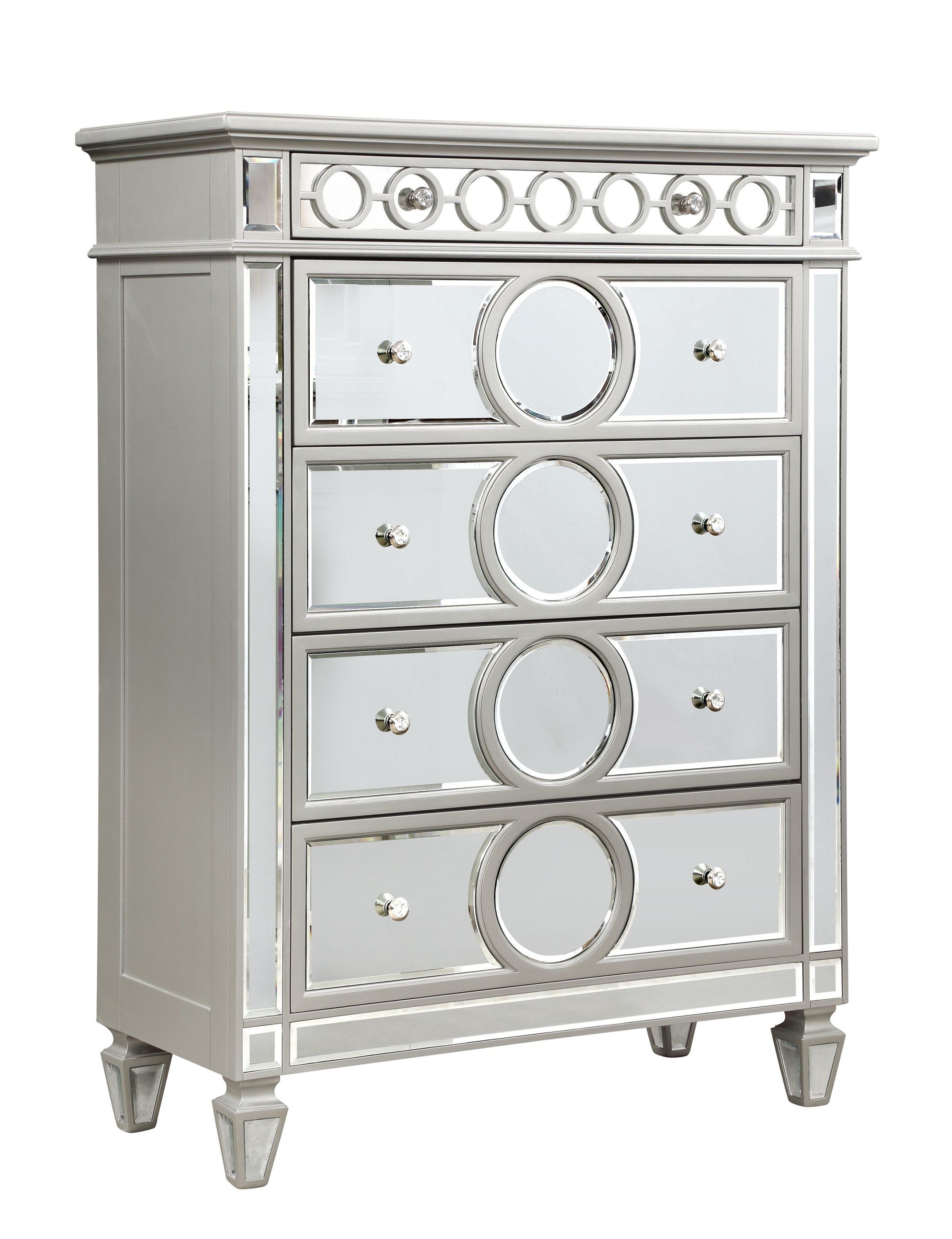 Symphony Modern Style Mirror Front 5 Drawer Chest with diamond shaped legs and made with Wood in Silver