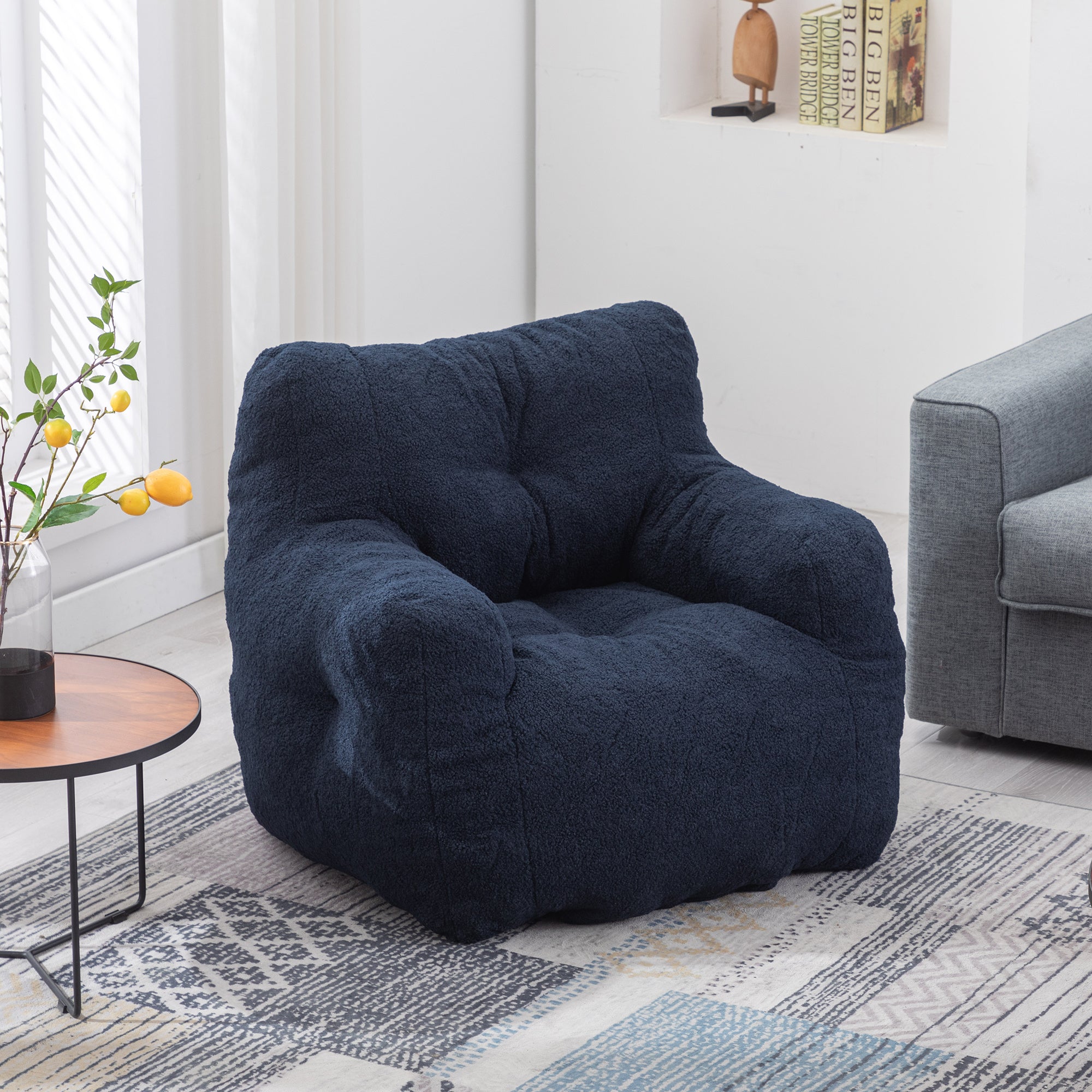 Soft Tufted Foam Bean Bag Chair With Teddy Fabric Dark Blue