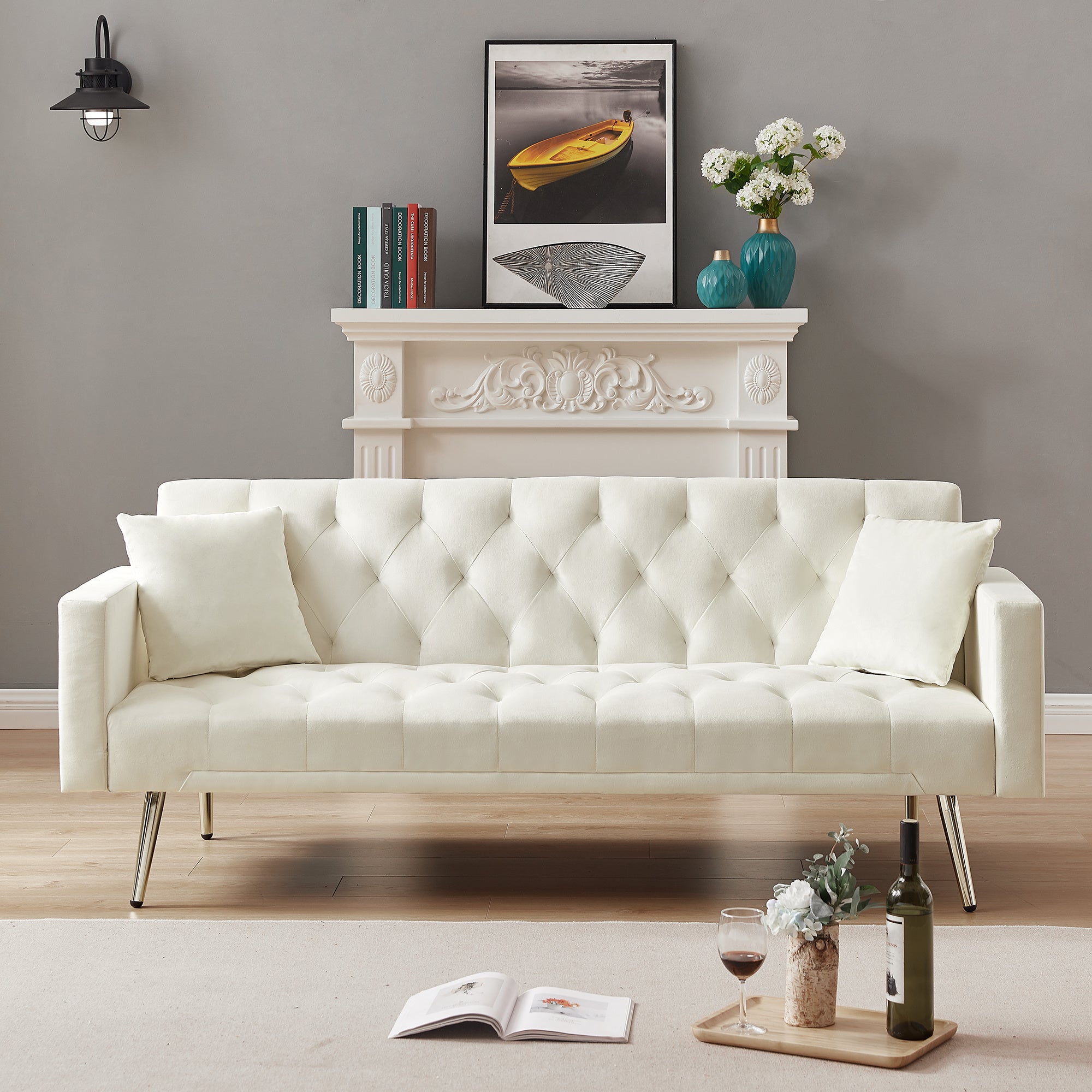 Cream White Convertible Folding Futon Sofa Bed , Sleeper Sofa Couch for Compact Living Space.