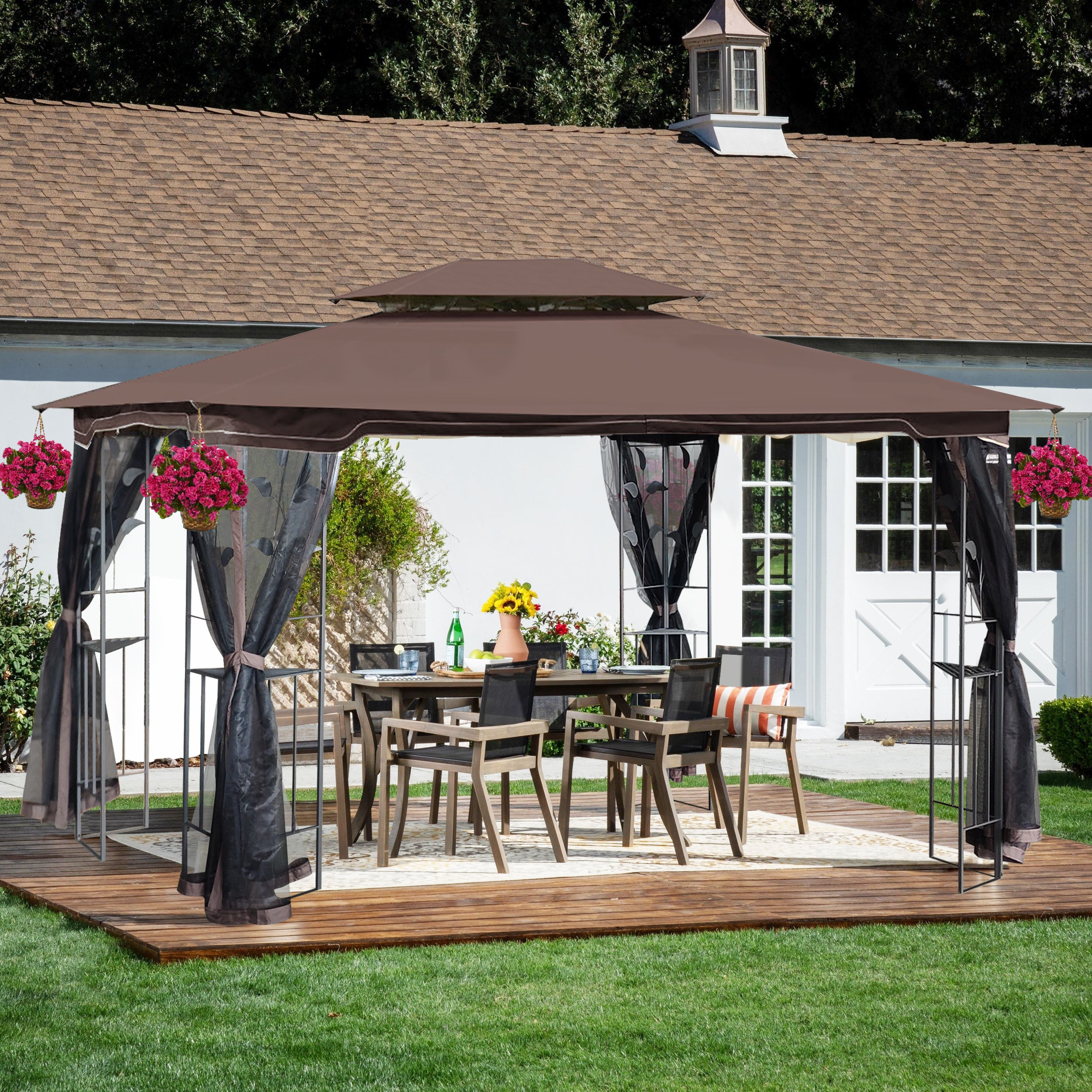 13x10 Outdoor Patio Gazebo Canopy Tent With Ventilated Double Roof And Mosquito net(Detachable Mesh Screen On All Sides),Suitable for Lawn, Garden, Backyard and Deck,Brown Top