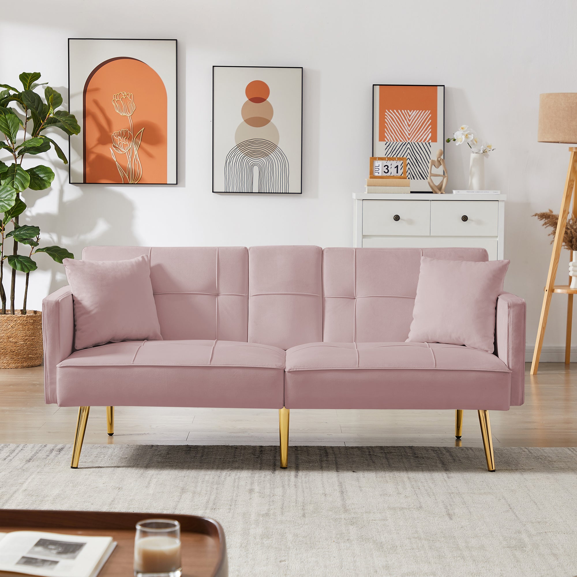 Pink Velvet Futon Sofa Bed with Gold Metal Legs