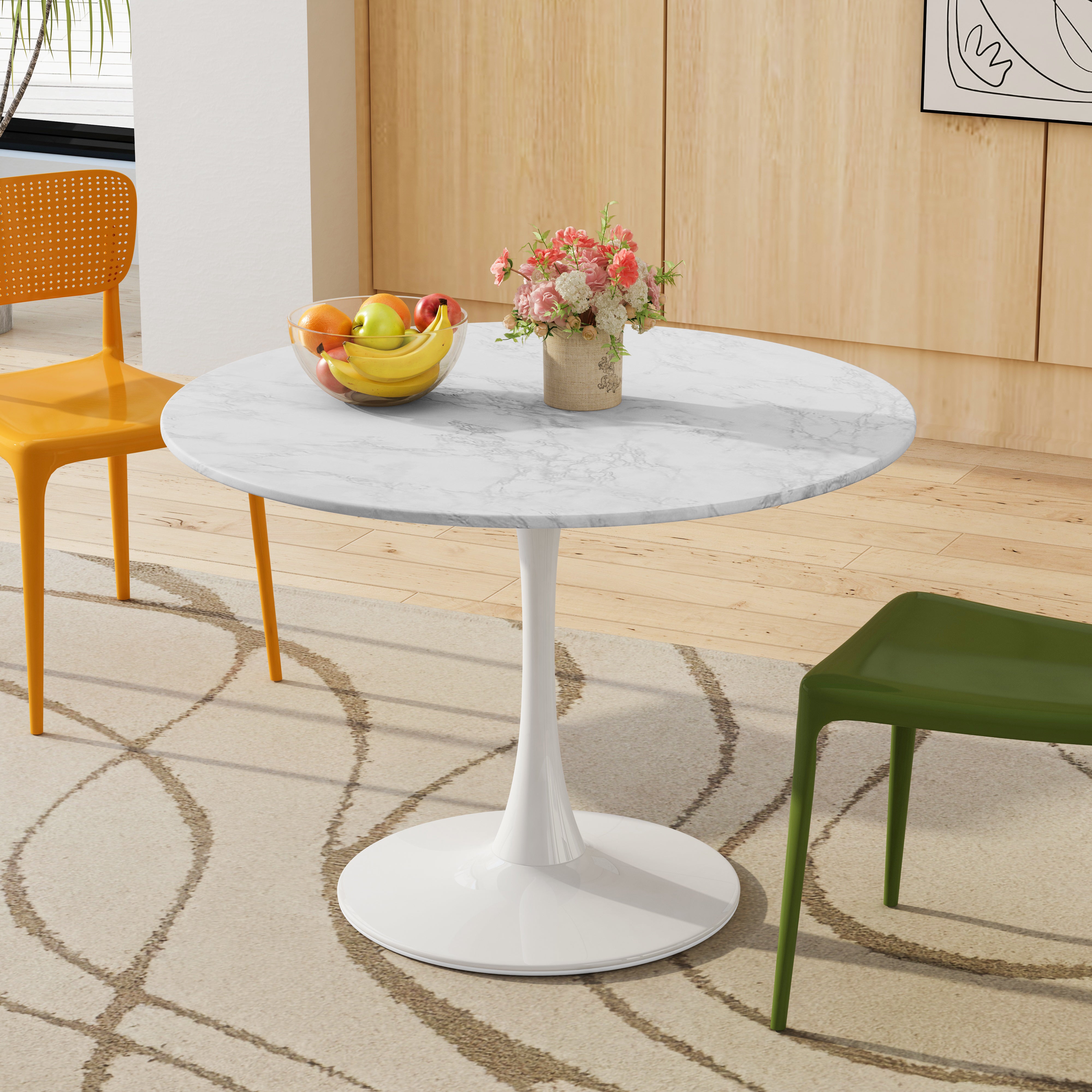 42.12"Modern Round Dining Table with Printed White Marble Table Top,Metal Base Dining Table, End Table Leisure Coffee Table
