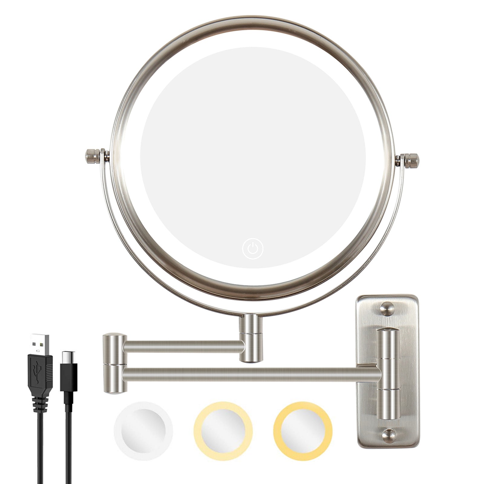 8 Inch Wall-Mounted Makeup Mirror, Double Sided 1x/10x Magnifying Makeup Mirror, 3 Colour Lights Touch Screen Dimmable Bathroom Mirror, 360° Swivel Vanity Mirror Built-In Battery (Brushed Nickel)