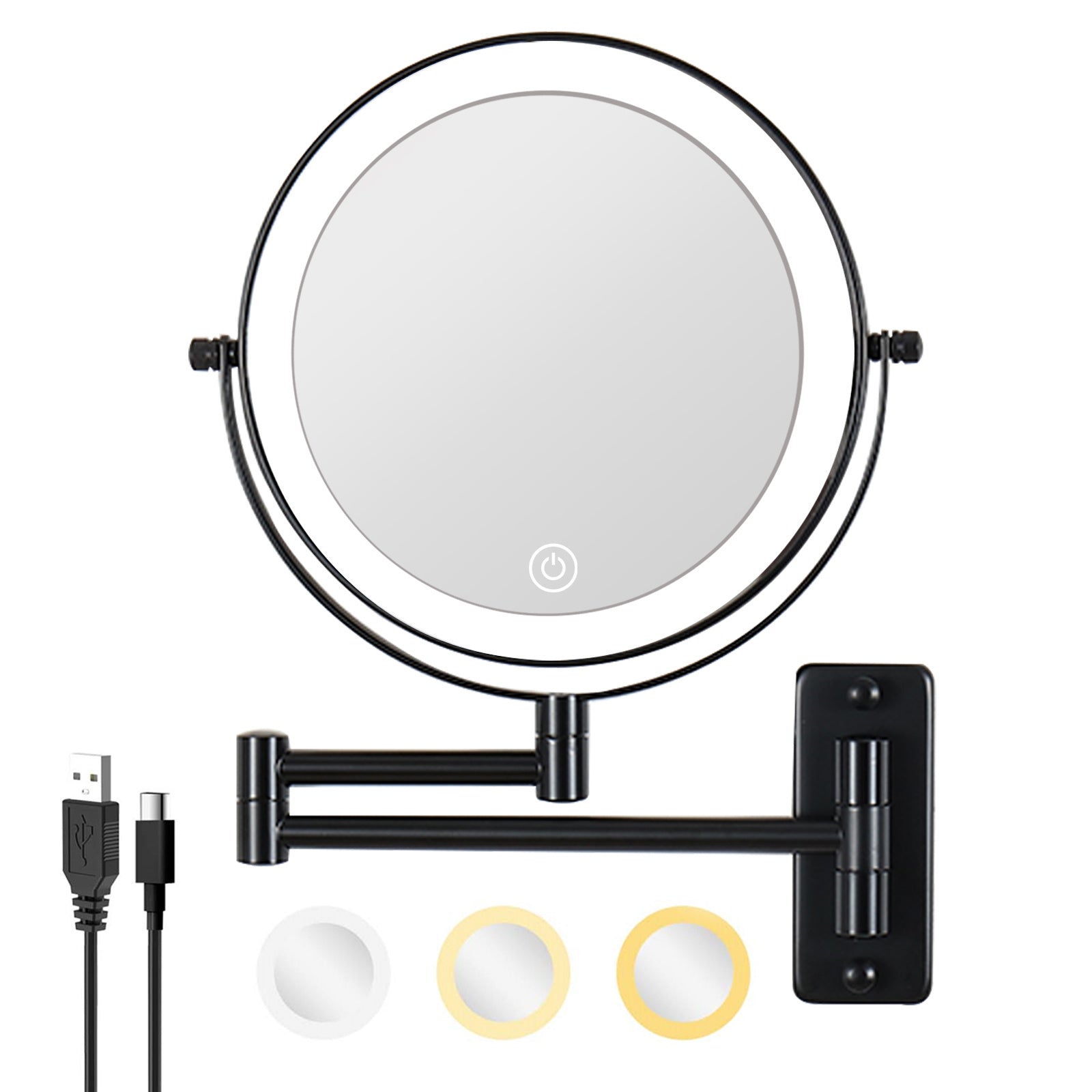 8 Inch Wall-Mounted Makeup Mirror, Double Sided 1x/10x Magnifying Makeup Mirror, 3 Colour Lights Touch Screen Dimmable Bathroom Mirror, 360° Swivel Vanity Mirror Built-In Battery (Black)