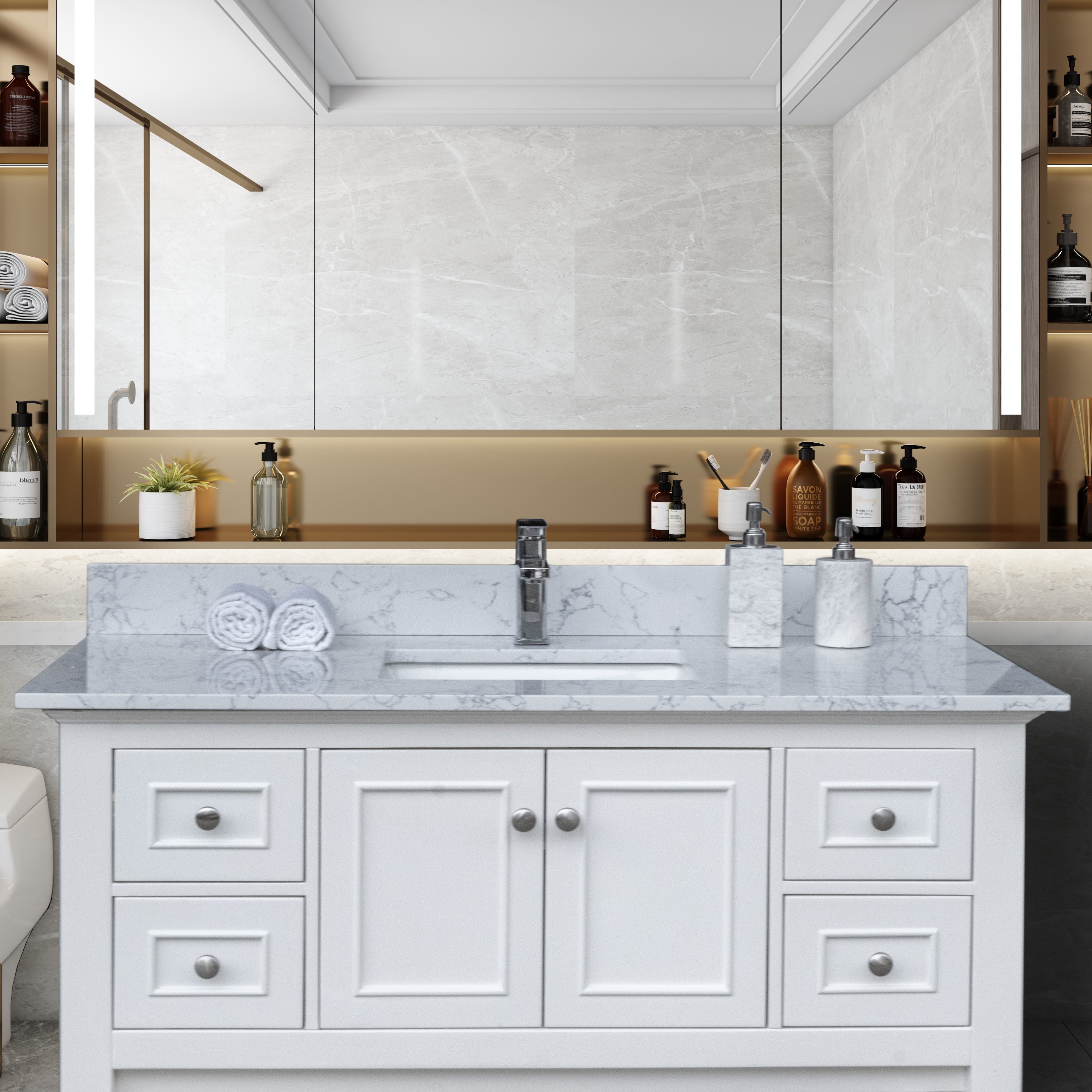 Montary 43"x 22" bathroom stone vanity top carrara jade engineered marble color with undermount ceramic sink and single faucet hole with backsplash