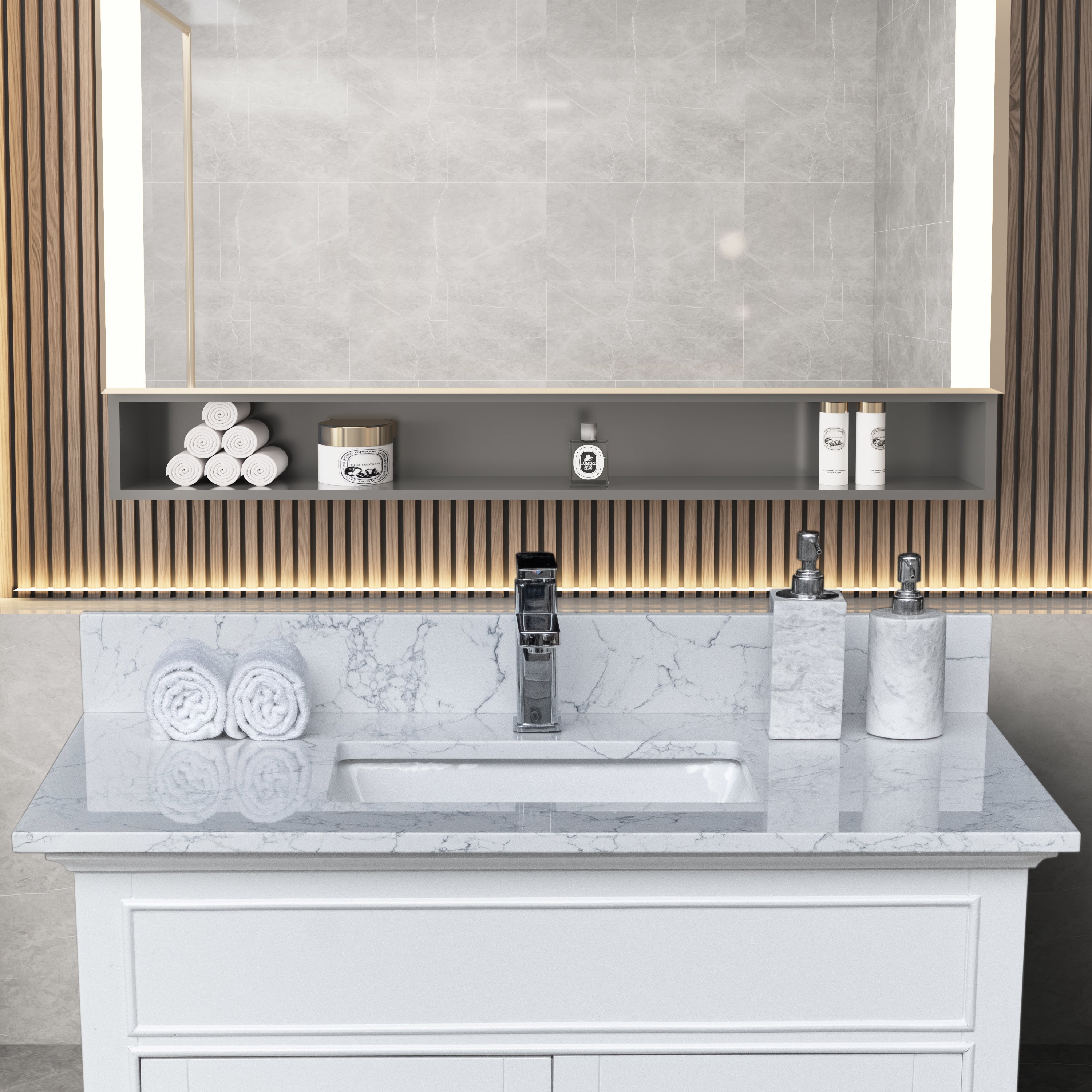 Montary 31"x 22" bathroom stone vanity top Carrara jade engineered marble color with undermount ceramic sink and single faucet hole with backsplash