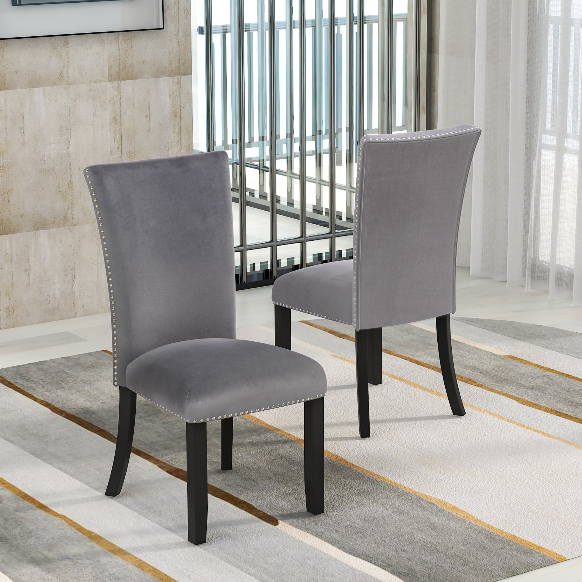 Set of 2 Dinging Chairs, Velvet-upholstered Chairs with Nailhead-trimmed, Rubber Wood Legs , Grey, size: 19.75" W x26.5" D x40.75"H