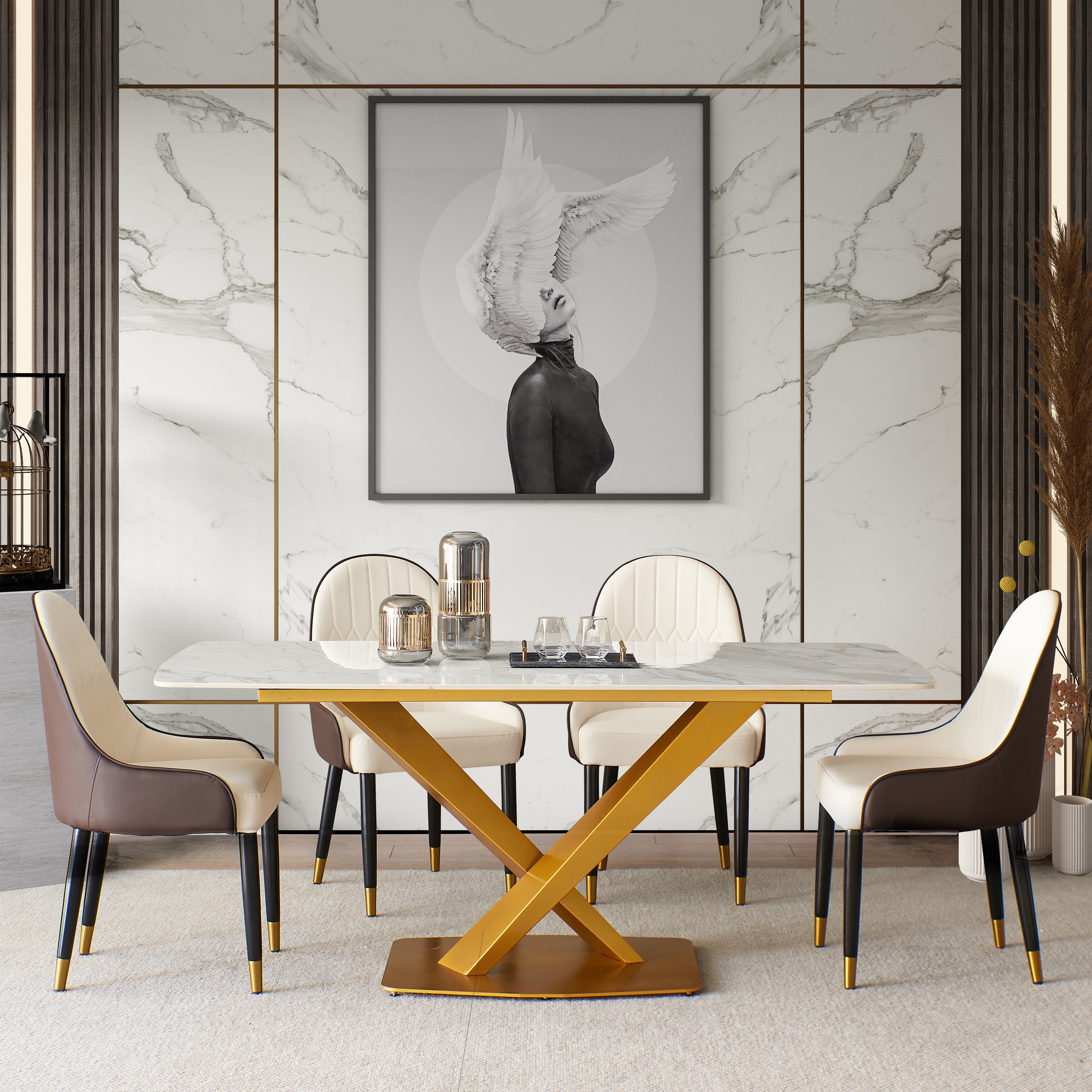 Sintered stone dinning table ,Carrara white color , Modern Dinning table with solid Gold Carbon Stell base 63"