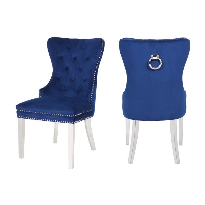 Erica 2 Piece Stainless Steel Legs Chair Finish with Velvet Fabric in Blue